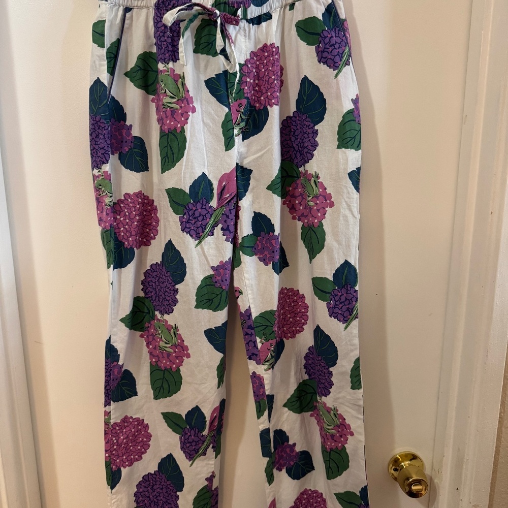Anthropologie Floral Pajama Lounge Pants Cotton Drawstring White Purple Green S